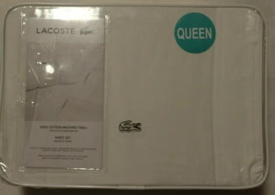 Juego de sábanas LACOSTE Queen 4 piezas 100 % sarga algodón cepillado blanco nuevo  Foto 1 de 3
