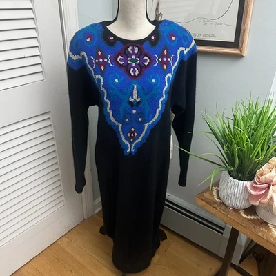 Vestido Suéter Outlander Vintage Mediano Negro Lana Angora Midi Retro Años 90 Vacaciones Foto 1 de 4