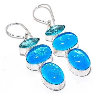 Triplet Fire Opal, Blue Topaz Gemstone 925 Sterling Silver Jewelry Earring 2.3" - Picture 1 of 5