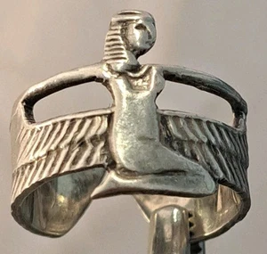 EGYPTIAN Sterling Silver Handmade Wide Band Ring Figural ISIS WINGS size 7.25 - Picture 1 of 11