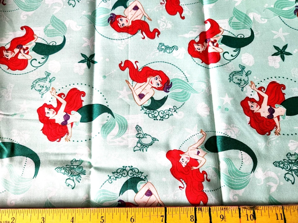 Disney Little Mermaid Ariel Green Cotton Sewing Fabric Quilting - Image 1 of 1