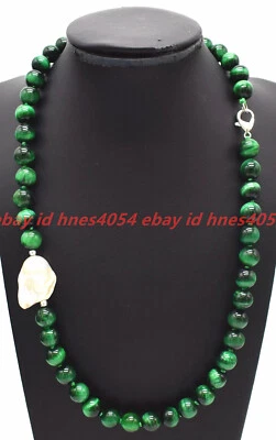 Natural 8mm Green Tiger's Eye White Baroque Pearl Gemstone Necklace 16-28in - Image 1 of 4