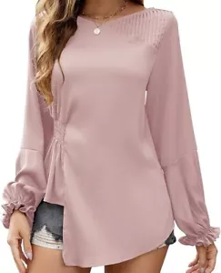 Women's Chiffon Blouses Shirts Long Sleeve Tie Waist Office Work Tops New Pink S - Picture 1 of 5