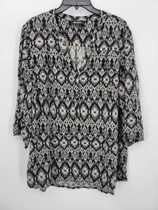 Top Ulla Popken donna più blusa popover 16/18 nero stampa batik manica 3/4 - Foto 1 di 9