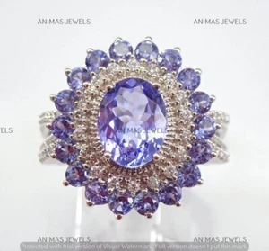 Real 925 Sterling Silver 2.50Ct Oval Cut Lab-Created Tanzanite Halo Wedding Ring - Picture 1 of 6