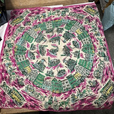 LITTLE OLD NEW YORK VINTAGE SILK SCARF W TROLLEYS/HORSE-DRAWN CARRIAGES/HOUSES - Image 1 of 4