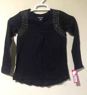 全新带标签 Xhilaration 女孩青少年长袖黑色弹力上衣玫瑰金珠子 M 码 — 第 1/4 张图片