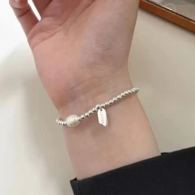 Woman Real s925 Sterling Silver LUCKY Charm Baroque Pearl Beaded Bracelet Bangle - Image 1 of 4