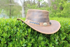 Sombrero de vaquero cuero real estilo occidental australiano bronceado caballo loco sombrero arbusto - Imagen 1 de 4