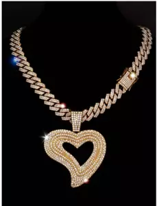 Gold Heart Valentine Pendant & Iced Cuban Cubic Zirconia Chain Bling Necklace - Picture 1 of 4