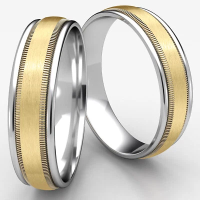 Satin Milgrain Round Edge Two Tone Gold Ring Man Men's Women's 6mm Wedding Band - Image 1 of 4