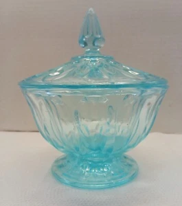 Vintage 1970's Anchor Hocking "Fairfield" Pattern Light Blue Lidded Candy Dish - Picture 1 of 3