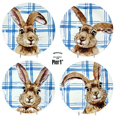 NEW Pier 1 Imports HENRY BUNNY 8.5" Salad Plate Set 4Pc Rabbit Blue Plaid Easter - Image 1 of 4