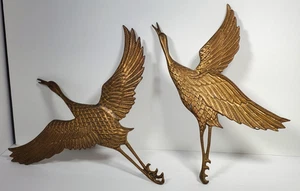 Vintage Pair Brass Geese Flying Wall Decor Nice Patina - Picture 1 of 24