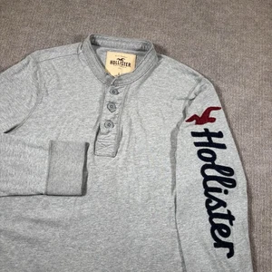 Vintage Hollister Henley Hemd Herren L Langarm Grau Bestickt Spruch Y2K - Bild 1 von 10