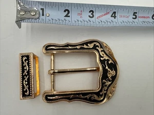 Western Vintage Floral Belt Buckle Gold Black Prairie Cowgirl Rancher Style - Picture 1 of 4