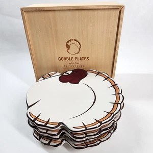 Pottery Barn Gobble Salad Dessert Plates Set of 4 Thanksgiving Turkey Shaped Box - Picture 1 of 6