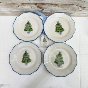 4er Set Corinne Haig 6" Vorspeisenteller, Weihnachtsbaum-Design, blauer Rand - Bild 1 von 5