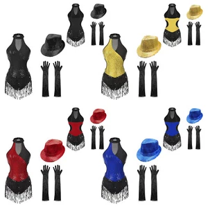 Women Leotard And Gloves Stage Uinitard Tango Bodysuit With Hat Sleeveless - Picture 1 of 56