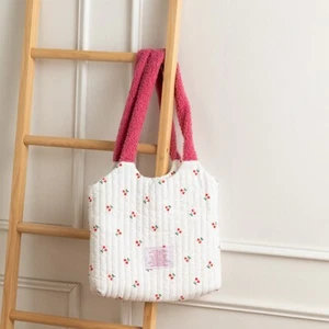 Cherry Print Underarm Bag White Tote Handbag Simple Cotton Bag Girl - Picture 1 of 12