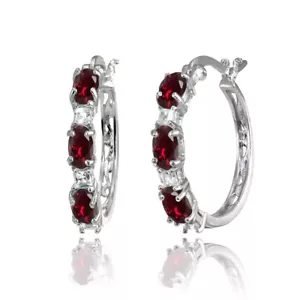 Oval Created Ruby & Princess-cut White Topaz 925 Silver Filigree Hoop Earrings - Picture 1 of 3