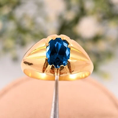 Anel masculino de ouro amarelo 14K AAA natural topázio azul Londres feito à mão presente de casamento - Imagem 1 de 3