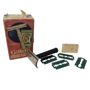 Vintage 1950s Gillette Tech USA Razor  In Original Box With Blue Razor Blades - Picture 1 of 12