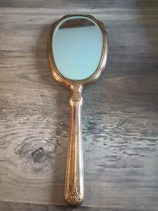 Espejo de mano Art Deco vintage grande pesado 251 g peso tono dorado flor floral - Imagen 1 de 8