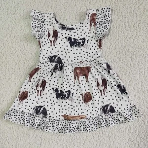 Girls Flutter Sleeve Summer Dress Polka Dots Cow Print  - Picture 1 of 1