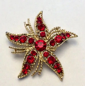 Vintage Brosche rot Kristall Strass und goldfarbene Blume - Bild 1 von 2