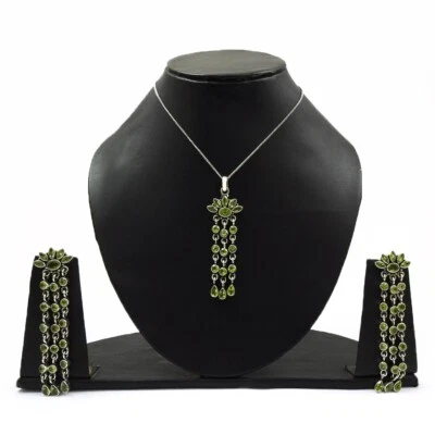 Gorgeous Look 925 Silver Jewelry Set Natural Peridot Gemstone Earrings Pendant - Image 1 of 4
