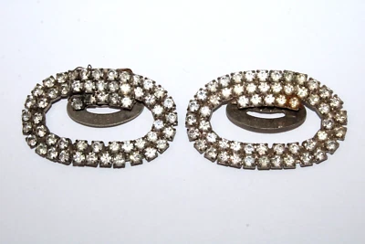 RARE Vintage Shoe Buckles Rhinestone Oval Silvertone - Image 1 of 4