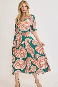 Midi Dress with Puff Sleeve Notched Neck - Ruched Ruffled Plus Size - Picture 1 of 9