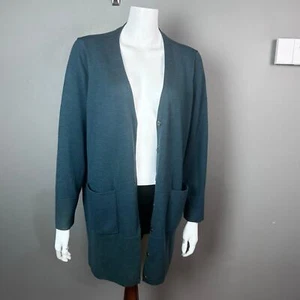 Eileen Fisher Suéter Cárdigan Mediano Línea Larga Verde Azulado Lana Merino Cuello en V - Imagen 1 de 16