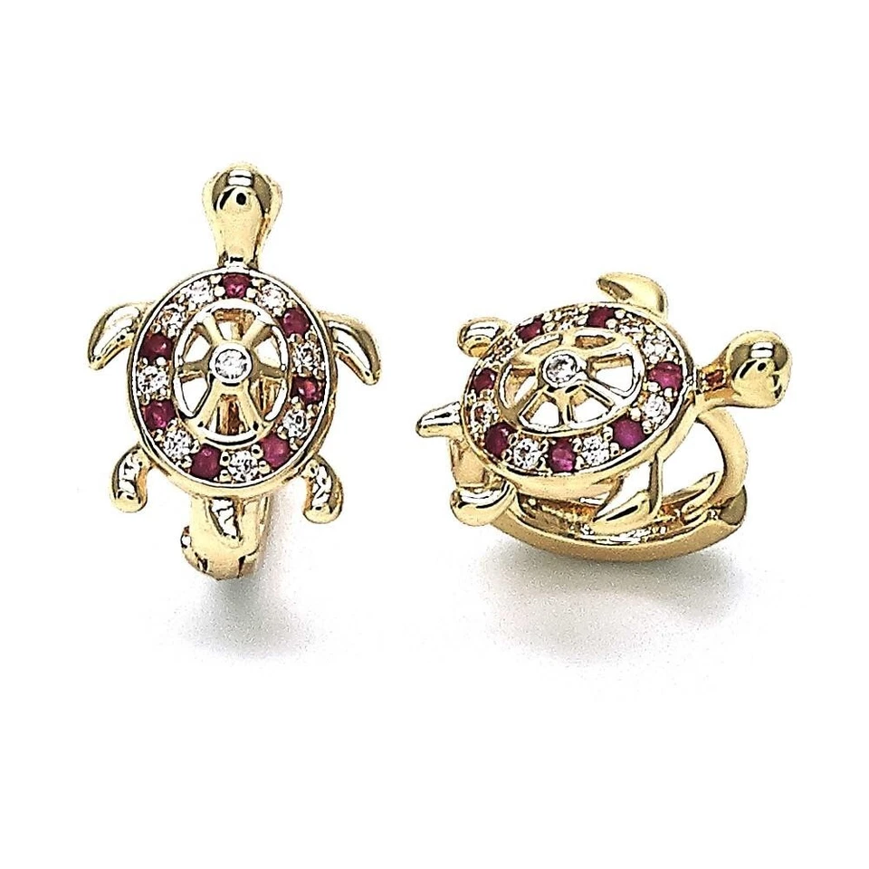 14K GOLD PLATED  HUGGIE HOOP WITH TURTLE AND WHITE AND RED MICRO PAVE CZ M627 - Image 1 of 1