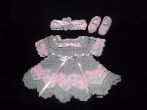 Crochet Gray Baby or Reborn Doll Dress Headband and Shoes Handmade 3-6 Months - Picture 1 of 1