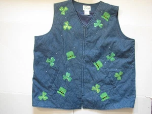 Quacker Factory Vest Womens 2X Blue Denim Quilted Zip St Patrick Shamrock Sequin - Picture 1 of 6