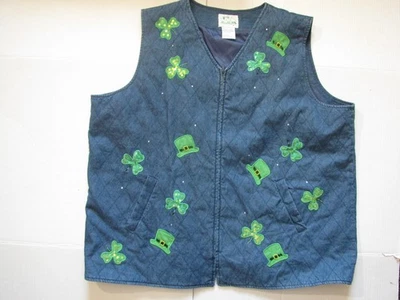 Quacker Factory Vest Womens 2X Blue Denim Quilted Zip St Patrick Shamrock Sequin - Image 1 of 4