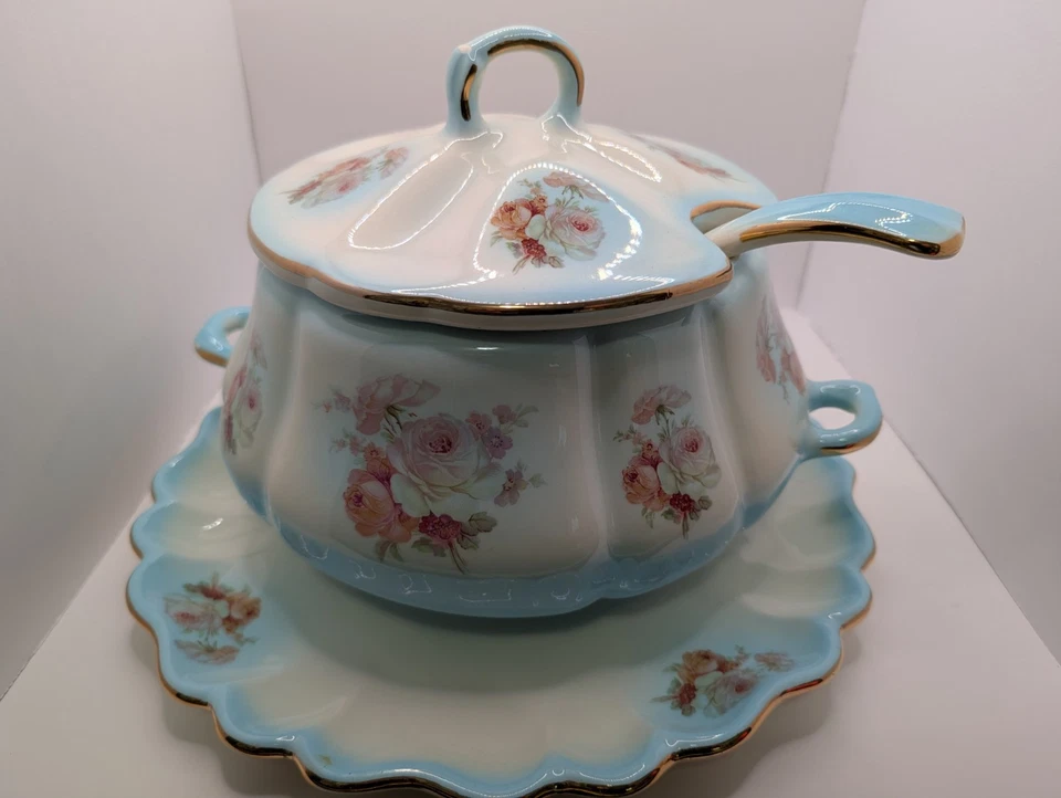 Sopa y plato floral vintage imperial azul aguamarina y oro pesado EE. UU. Foto 1 de 4