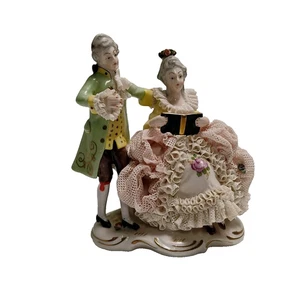 VTG Dresden Germany Couple Man Woman Reading Figurine w/Crossed Sword Mark 5" - Picture 1 of 12