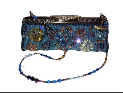 Mary Frances Floral Beaded Silk Shoulder Clutch Bag Blue On Etched Metal Frame - Image 1 of 4