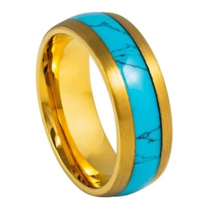 Tungsten Wedding Ring Band Domed Yellow Gold Plated Blue Turquoise Inlay For Men - Picture 1 of 7