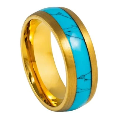 Alianza de anillo de boda de tungsteno abovedada enchapada en oro amarillo incrustación azul turquesa para hombre Foto 1 de 4