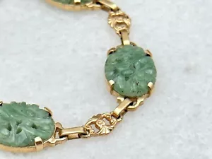 Antique 1920’s Art Nouveau 14k Yellow Gold Carved Jade Blossom Flower Bracelet - Picture 1 of 4