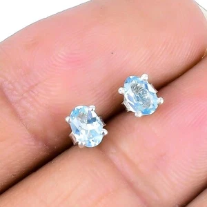 Aqua Topaz Stone 925 Sterling Silver November Birth Unique Stud Post Earrings - Picture 1 of 7