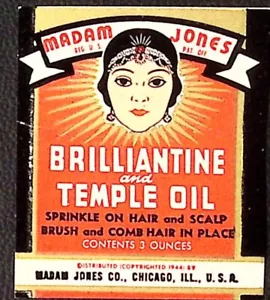Etiqueta de peluquería afroamericana de la década de 1940 MADAM JONES BRILLINE TEMPLE OIL - Imagen 1 de 2
