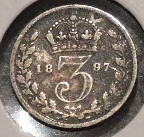 British Silver Threepence - 1897 (black tarnish) - Queen Victoria Cover