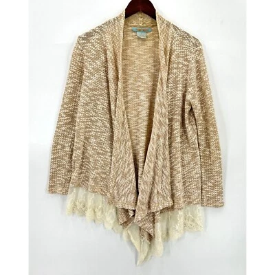 Flying Tomato Cardigan Womens Open Sweater Drape Lace Hem Beige Cream M - Imagem 1 de 4