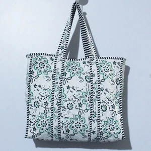 Quilted Tote Handbag, Women 's  Shoulder Shopping Bag Floral Hand Block Printed - Picture 1 of 4