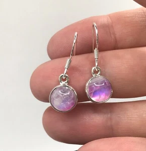 Pink rainbow moonstone drop earrings solid Sterling Silver round 9mm. Box. - Picture 1 of 8